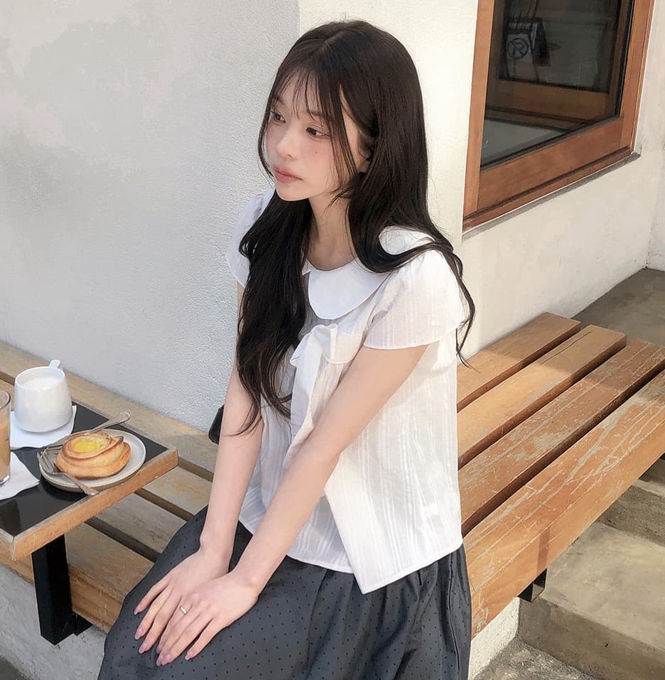 재고 있음 chic 한 여름 귀신 부서 소녀 레트로 디자인 센스 체크무늬 나비 매듭 베이비 칼라 셔츠 상세 이미지 29