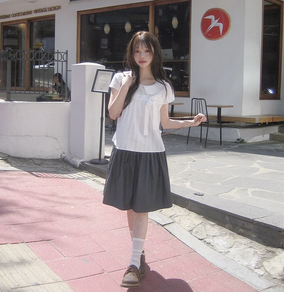 재고 있음 chic 한 여름 귀신 부서 소녀 레트로 디자인 센스 체크무늬 나비 매듭 베이비 칼라 셔츠 상세 이미지 30