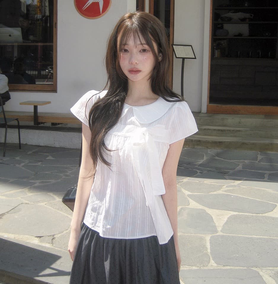 재고 있음 chic 한 여름 귀신 부서 소녀 레트로 디자인 센스 체크무늬 나비 매듭 베이비 칼라 셔츠 상세 이미지 31