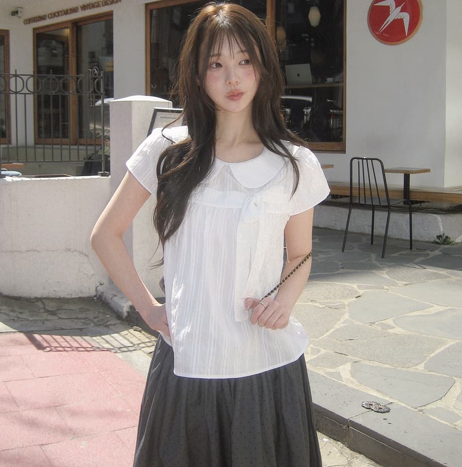 재고 있음 chic 한 여름 귀신 부서 소녀 레트로 디자인 센스 체크무늬 나비 매듭 베이비 칼라 셔츠 상세 이미지 33
