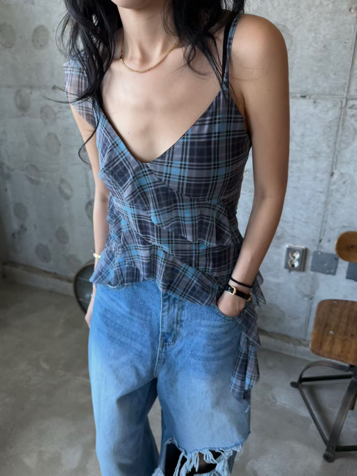 chic 다용도 작은 대중 패션 체크무늬 망사 조끼 이미지 2