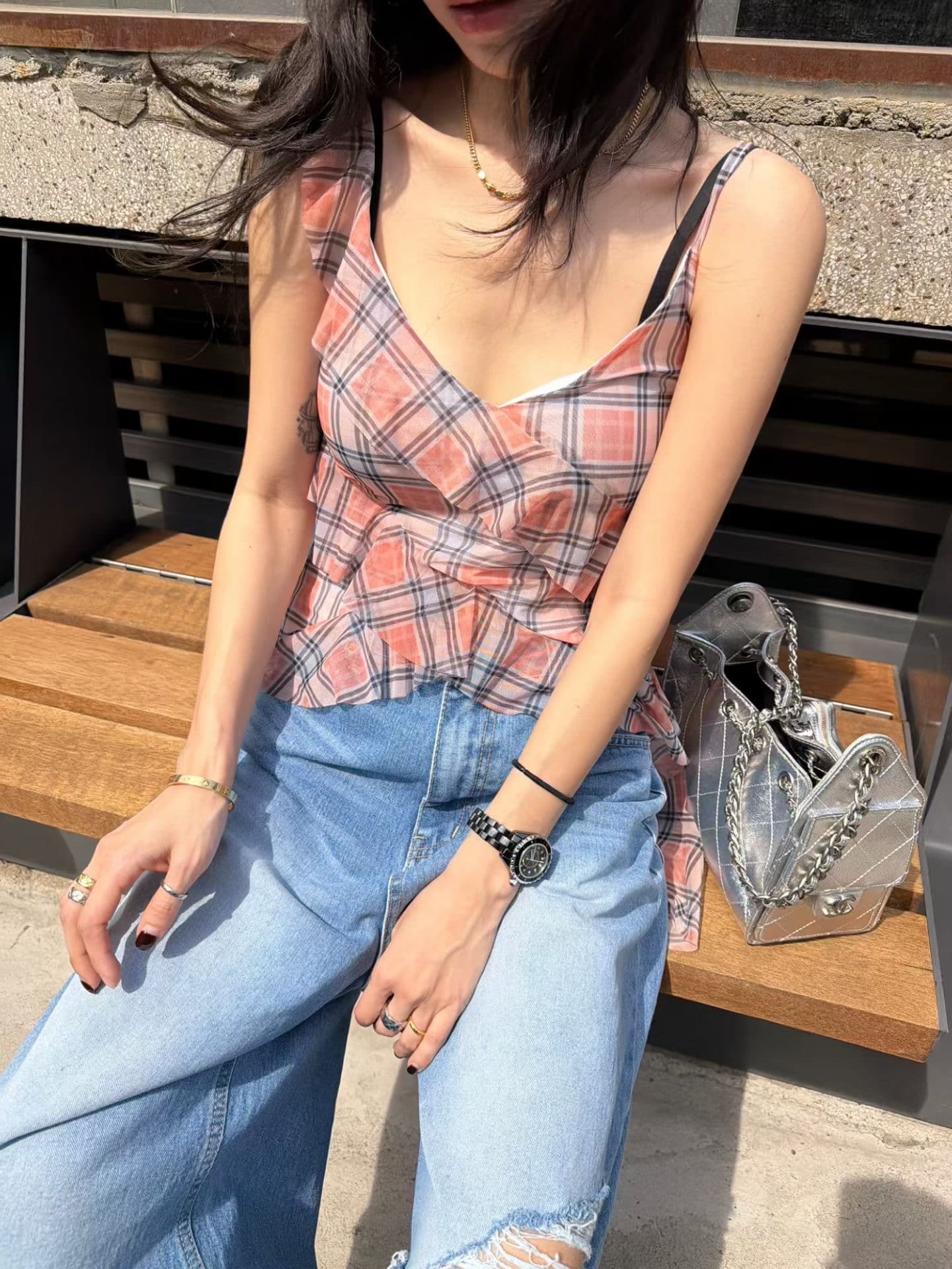 chic 다용도 작은 대중 패션 체크무늬 망사 조끼 상세 이미지 2