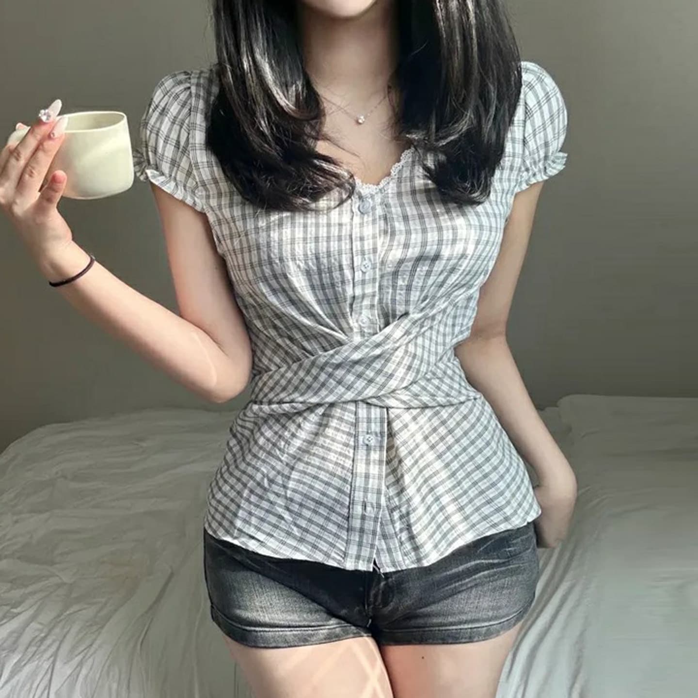 재고 있음 한 부서 chic 패치워크 레이스 레이스 거품 소매 반팔 여성 셔츠 이미지 2