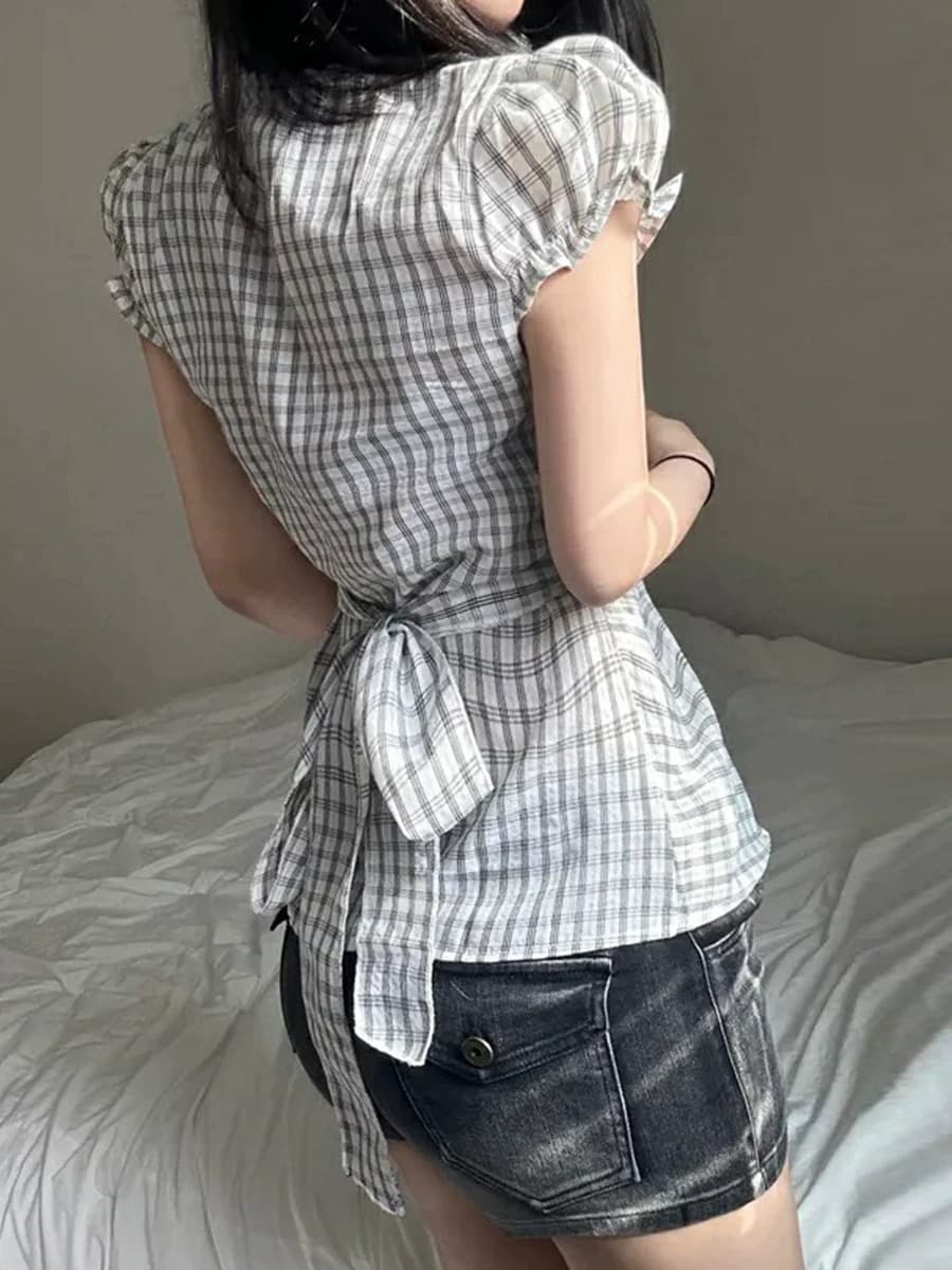 재고 있음 한 부서 chic 패치워크 레이스 레이스 거품 소매 반팔 여성 셔츠 상세 이미지 8