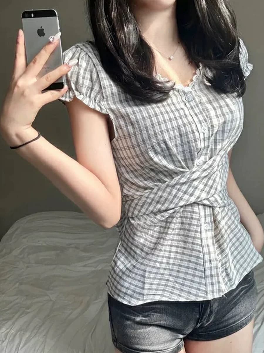 재고 있음 한 부서 chic 패치워크 레이스 레이스 거품 소매 반팔 여성 셔츠 상세 이미지 9