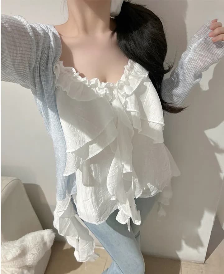 재고 있음 슈퍼 아름다움 레이스 불규칙 슬립 수준 조끼 단색 연꽃 잎 레이스 연령 감소 슬림해 보이는 캐미솔 이미지 2