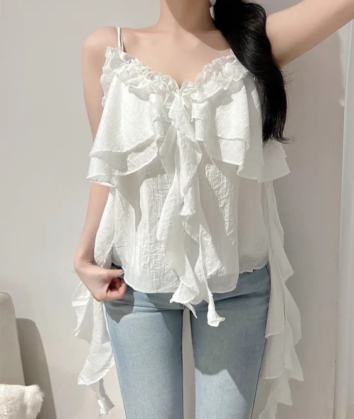 재고 있음 슈퍼 아름다움 레이스 불규칙 슬립 수준 조끼 단색 연꽃 잎 레이스 연령 감소 슬림해 보이는 캐미솔 상세 이미지 8