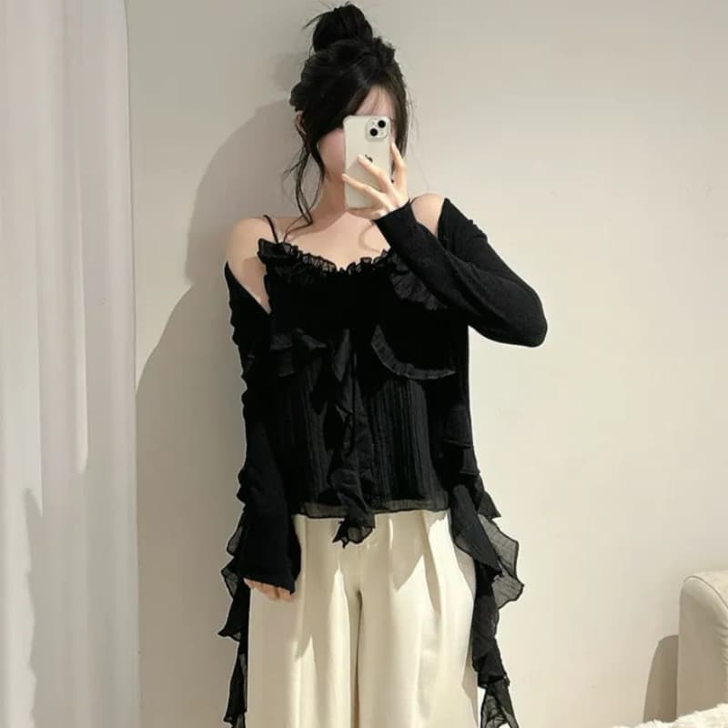 재고 있음 슈퍼 아름다움 레이스 불규칙 슬립 수준 조끼 단색 연꽃 잎 레이스 연령 감소 슬림해 보이는 캐미솔 상세 이미지 9