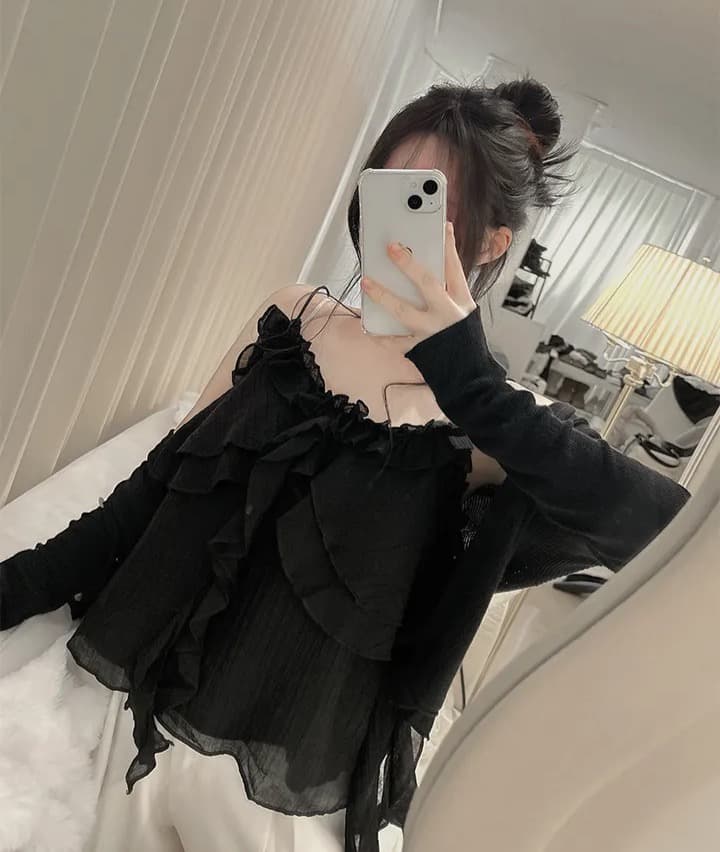 재고 있음 슈퍼 아름다움 레이스 불규칙 슬립 수준 조끼 단색 연꽃 잎 레이스 연령 감소 슬림해 보이는 캐미솔 상세 이미지 12