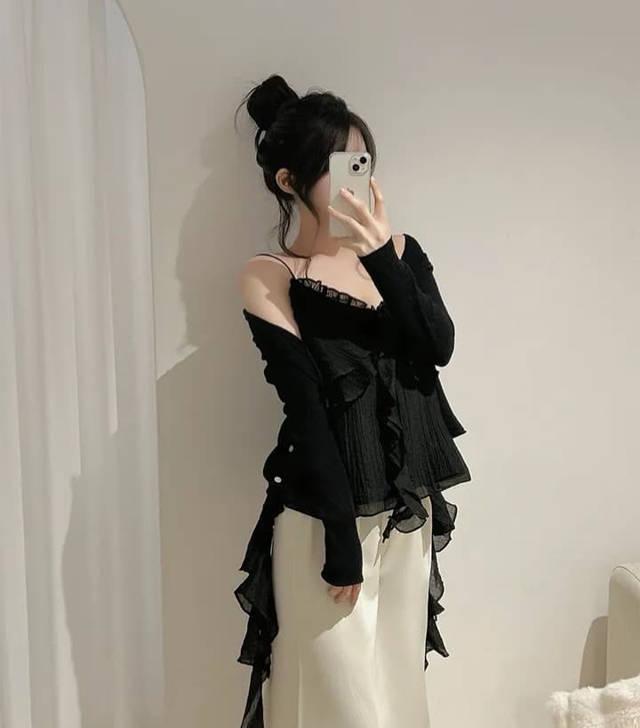 재고 있음 슈퍼 아름다움 레이스 불규칙 슬립 수준 조끼 단색 연꽃 잎 레이스 연령 감소 슬림해 보이는 캐미솔 상세 이미지 13