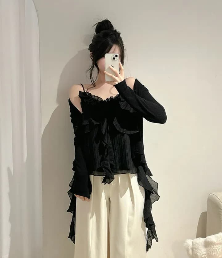 재고 있음 슈퍼 아름다움 레이스 불규칙 슬립 수준 조끼 단색 연꽃 잎 레이스 연령 감소 슬림해 보이는 캐미솔 상세 이미지 14