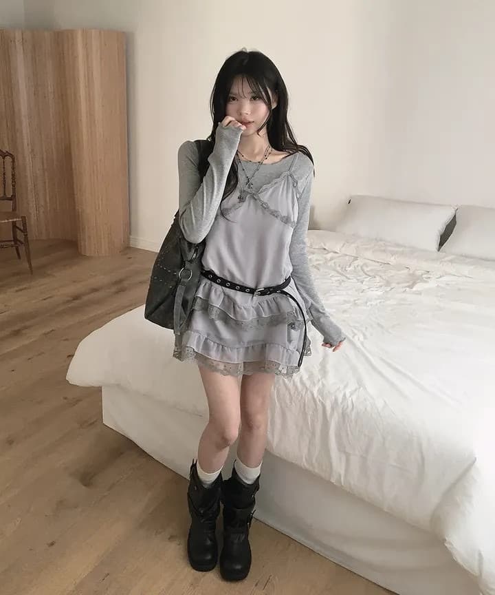 재고 있음 레이스 측면 슬립 부드러운 다용도 레이스 패치워크 드레스 이미지 3