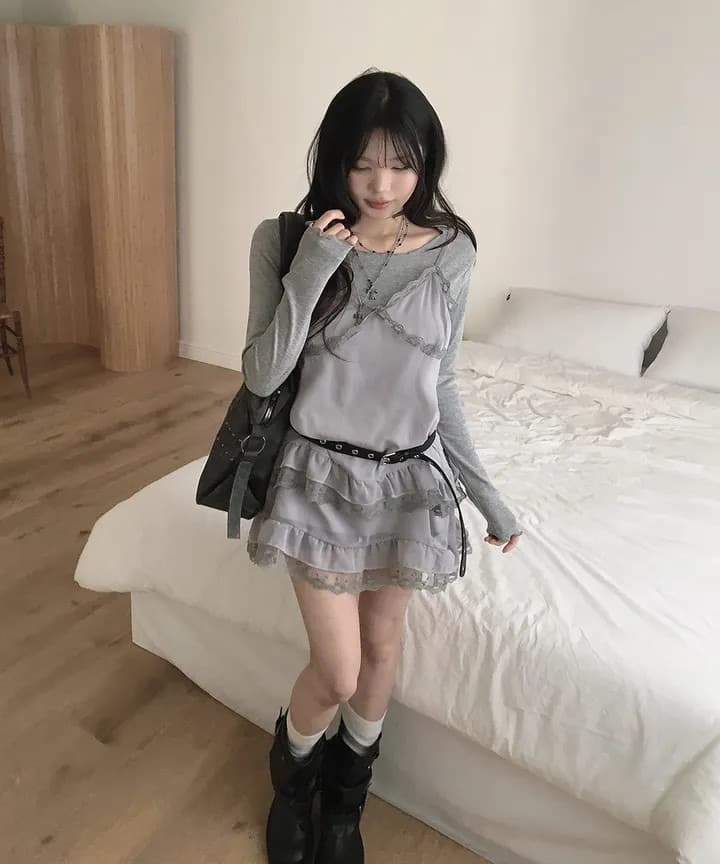 재고 있음 레이스 측면 슬립 부드러운 다용도 레이스 패치워크 드레스 상세 이미지 1