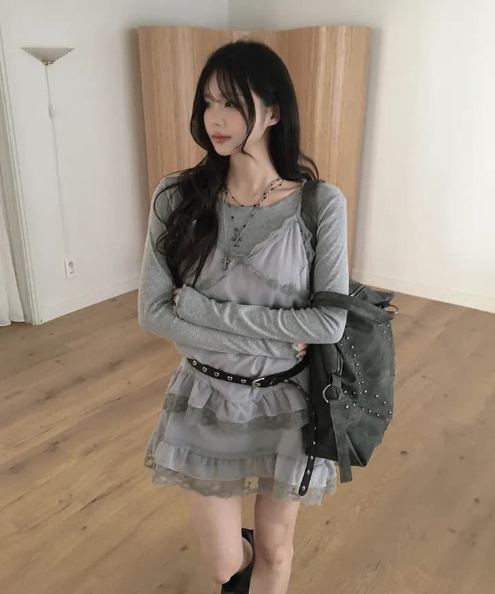 재고 있음 레이스 측면 슬립 부드러운 다용도 레이스 패치워크 드레스 상세 이미지 2