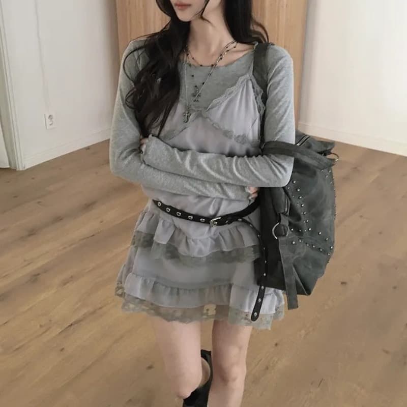 재고 있음 레이스 측면 슬립 부드러운 다용도 레이스 패치워크 드레스 상세 이미지 10