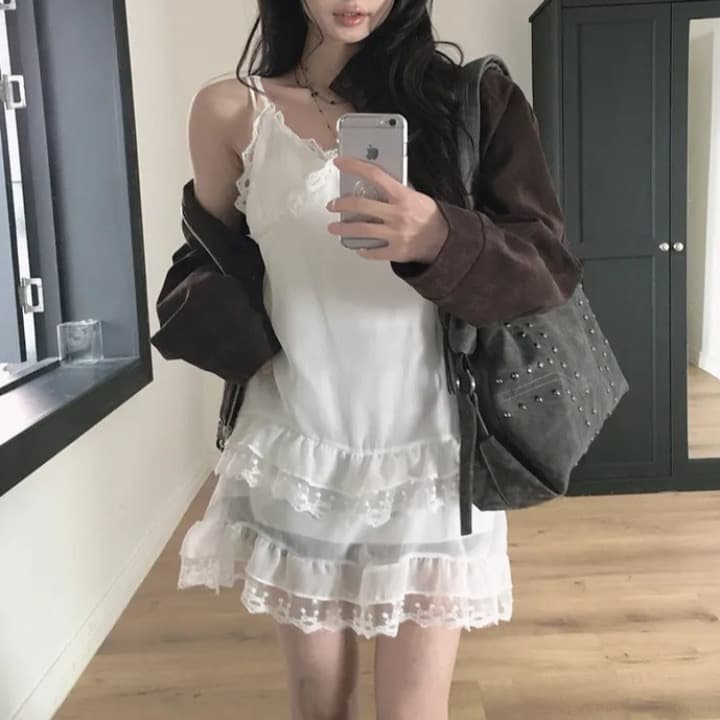 재고 있음 레이스 측면 슬립 부드러운 다용도 레이스 패치워크 드레스 상세 이미지 12