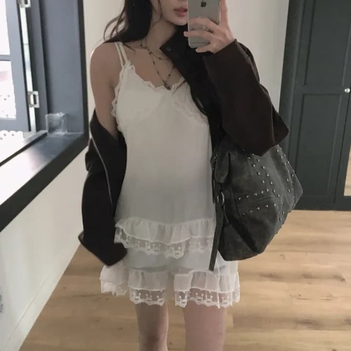 재고 있음 레이스 측면 슬립 부드러운 다용도 레이스 패치워크 드레스 상세 이미지 13