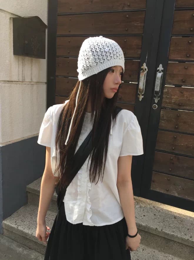 chic 여름 매춘부 인형 폴로 칼라 프릴 부서 버클 반팔 셔츠 이미지 4