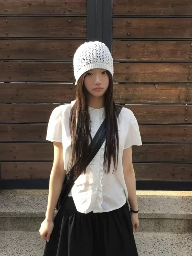 chic 여름 매춘부 인형 폴로 칼라 프릴 부서 버클 반팔 셔츠 이미지 3