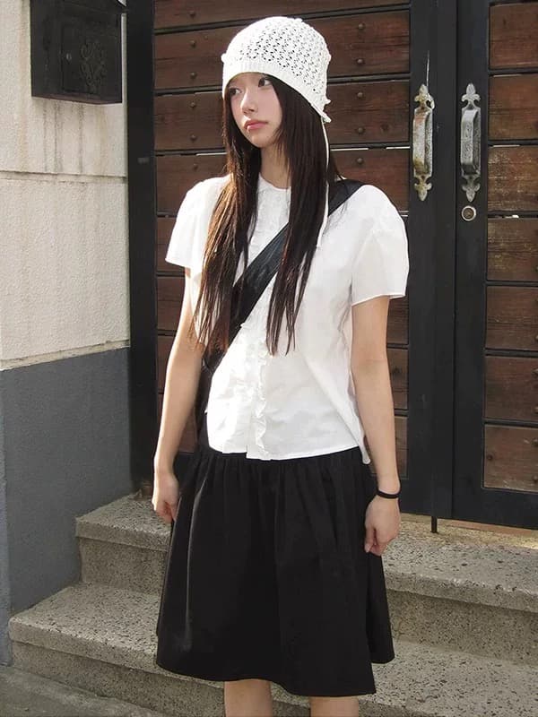 chic 여름 매춘부 인형 폴로 칼라 프릴 부서 버클 반팔 셔츠 이미지 2