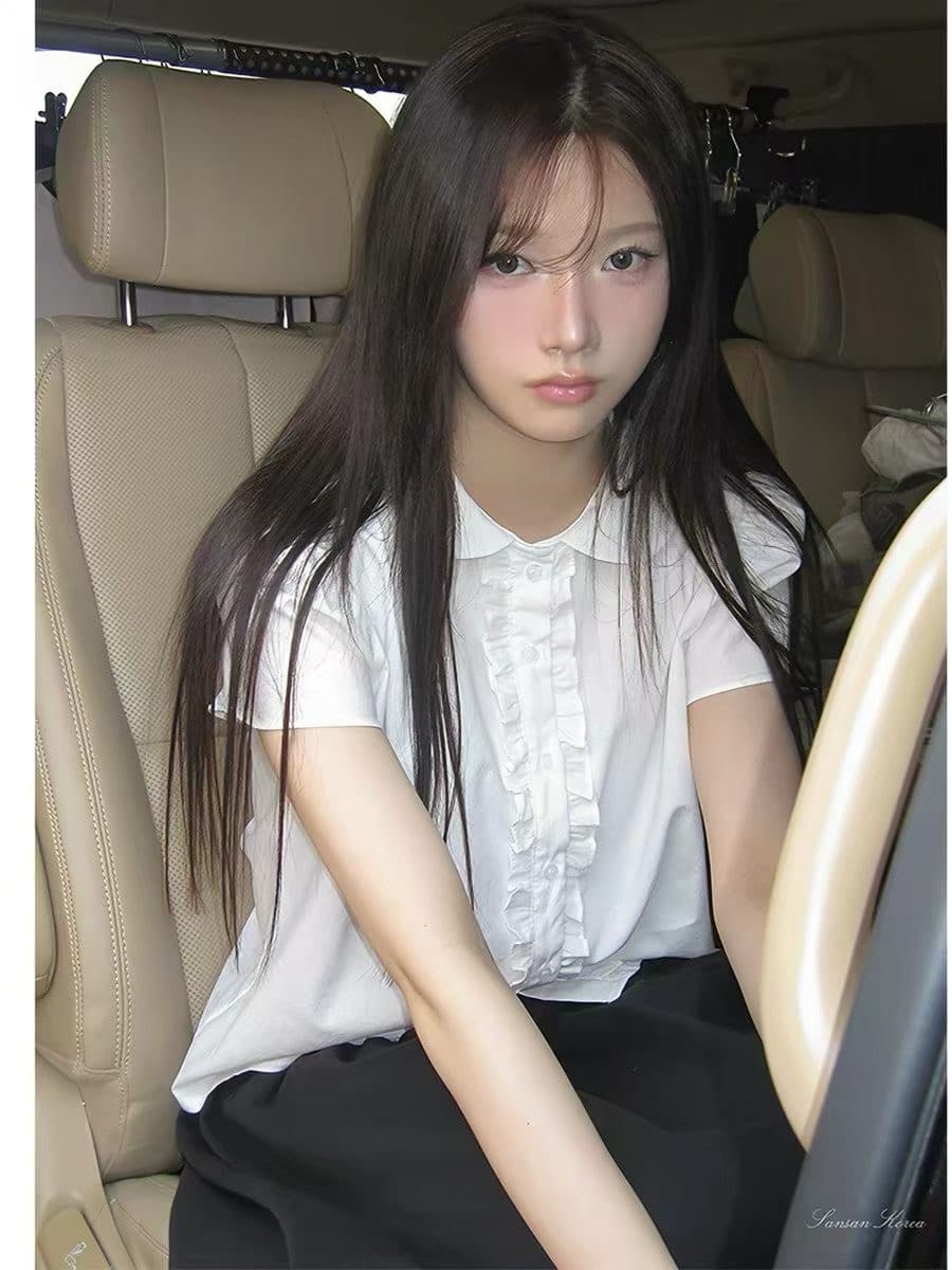 chic 여름 매춘부 인형 폴로 칼라 프릴 부서 버클 반팔 셔츠