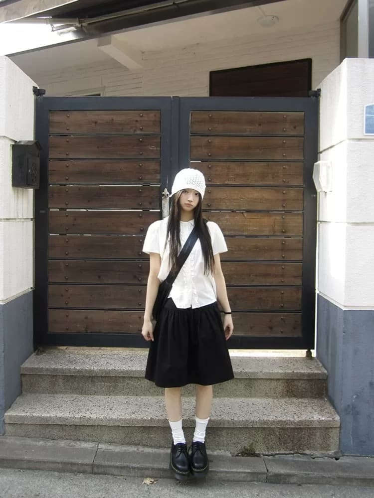 chic 여름 매춘부 인형 폴로 칼라 프릴 부서 버클 반팔 셔츠 상세 이미지 5