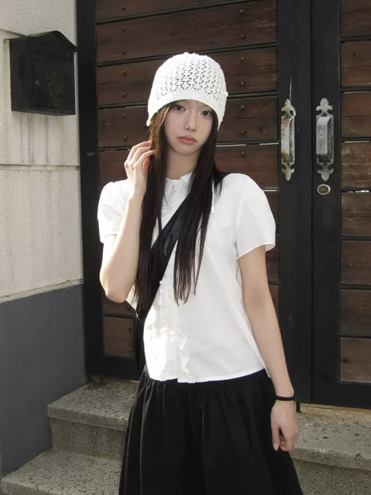 chic 여름 매춘부 인형 폴로 칼라 프릴 부서 버클 반팔 셔츠 상세 이미지 6