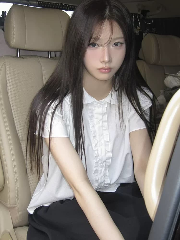 chic 여름 매춘부 인형 폴로 칼라 프릴 부서 버클 반팔 셔츠 상세 이미지 7
