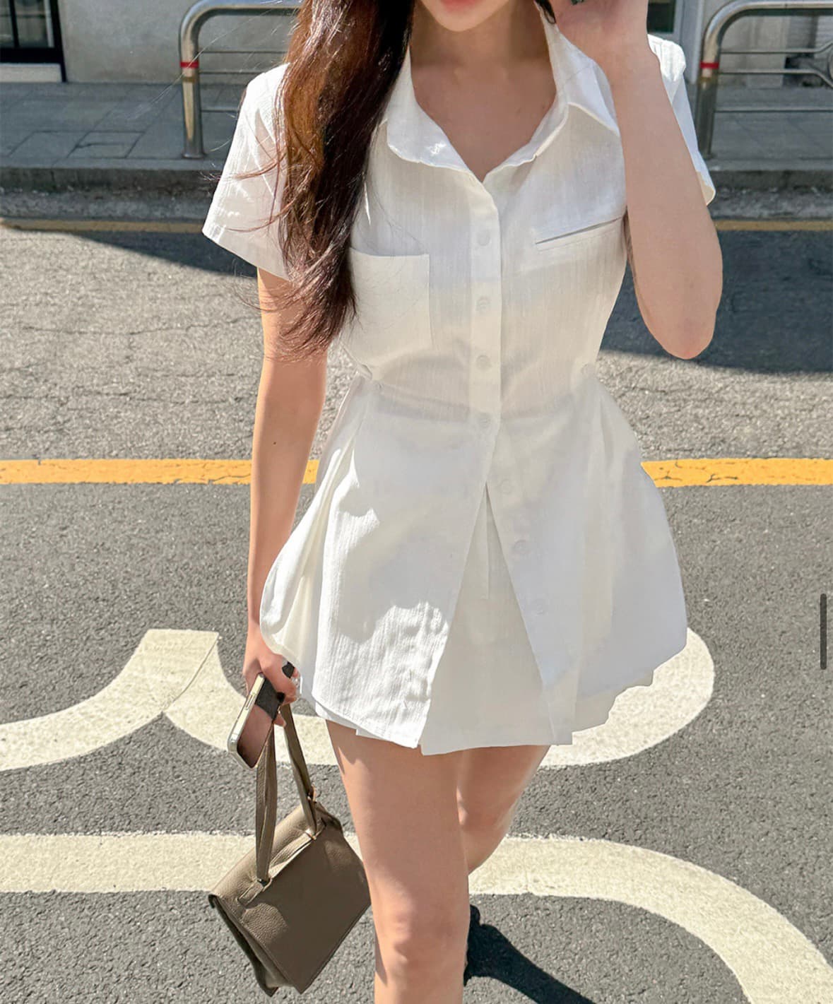 재고 있음 한국 스타일 허리 수축 슬림해 보이는 반팔 모방 데님 셔츠 미니 스커트 인사이드 반바지 세트 투피스 세트 상세 이미지 6