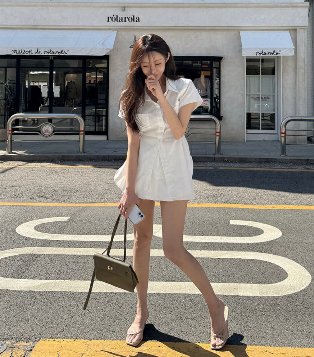 재고 있음 한국 스타일 허리 수축 슬림해 보이는 반팔 모방 데님 셔츠 미니 스커트 인사이드 반바지 세트 투피스 세트 상세 이미지 7