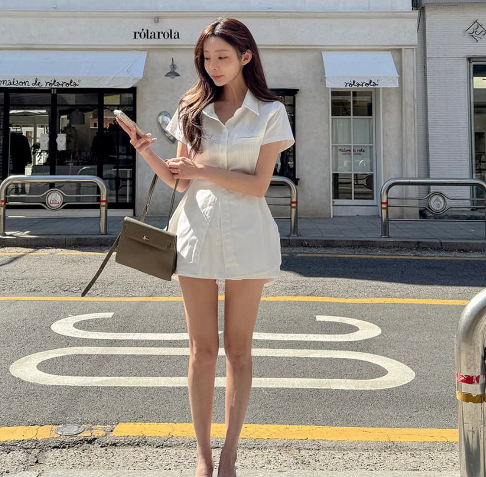 재고 있음 한국 스타일 허리 수축 슬림해 보이는 반팔 모방 데님 셔츠 미니 스커트 인사이드 반바지 세트 투피스 세트 상세 이미지 11