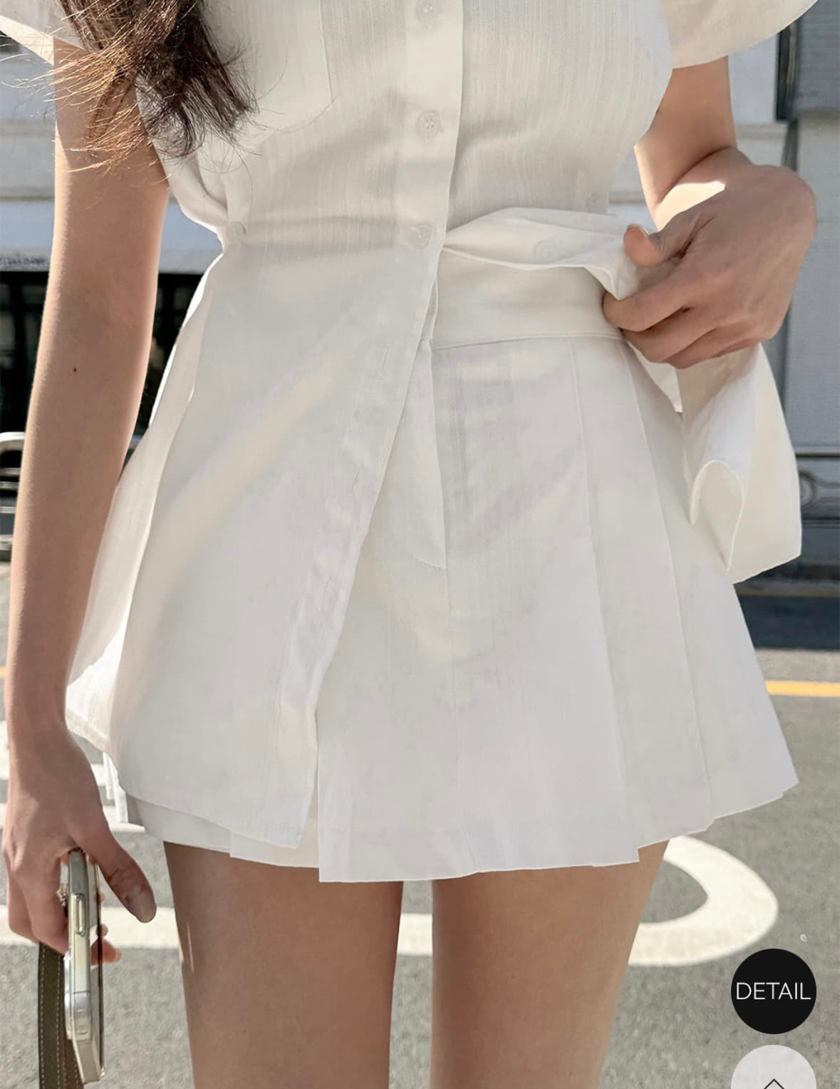 재고 있음 한국 스타일 허리 수축 슬림해 보이는 반팔 모방 데님 셔츠 미니 스커트 인사이드 반바지 세트 투피스 세트 상세 이미지 12