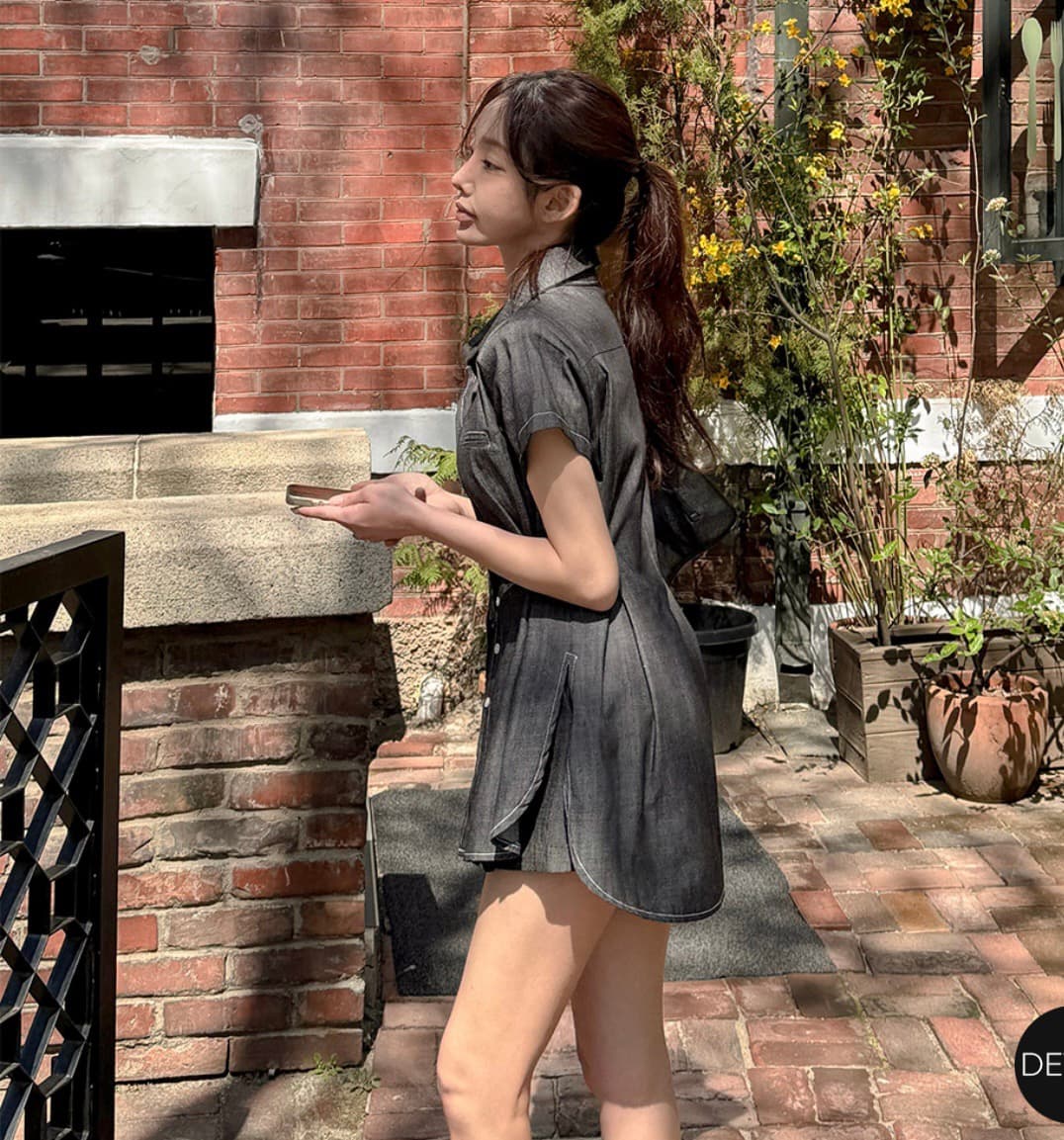 재고 있음 한국 스타일 허리 수축 슬림해 보이는 반팔 모방 데님 셔츠 미니 스커트 인사이드 반바지 세트 투피스 세트 상세 이미지 17