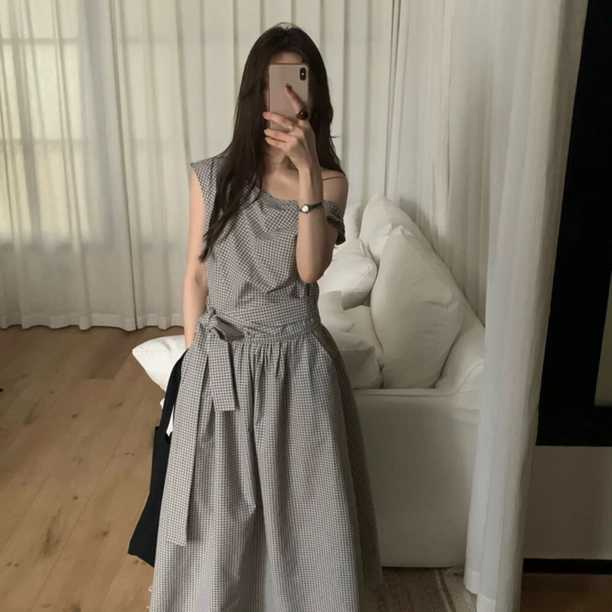 chic 한 부서 체크무늬 비대칭 매듭 비스듬한 어깨 민소매 드레스 상세 이미지 1