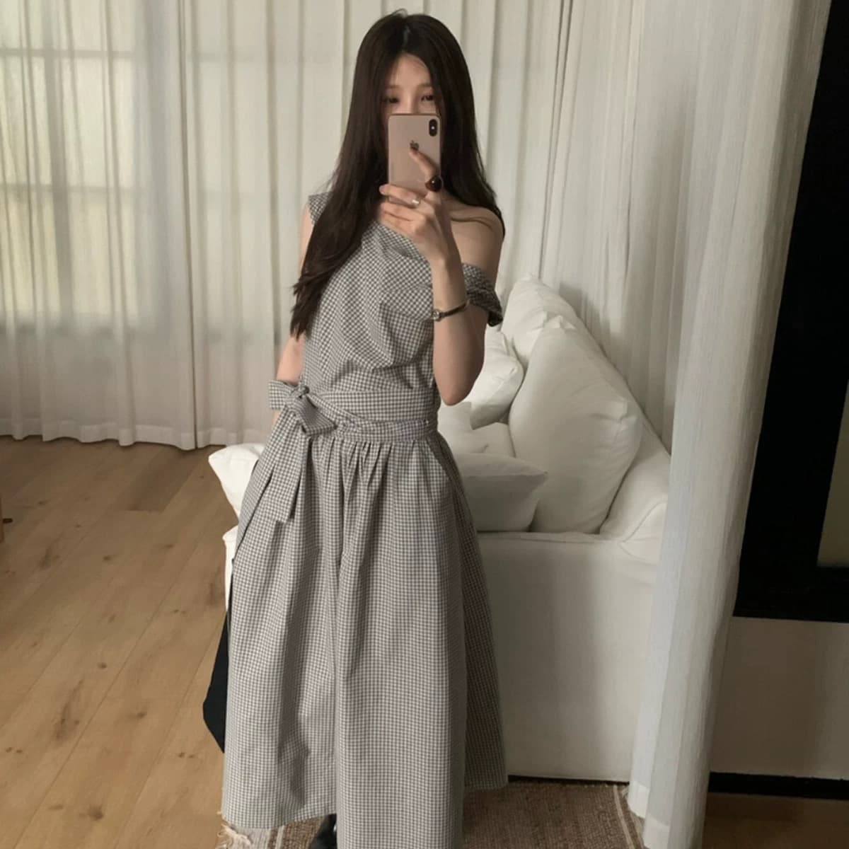chic 한 부서 체크무늬 비대칭 매듭 비스듬한 어깨 민소매 드레스 상세 이미지 2