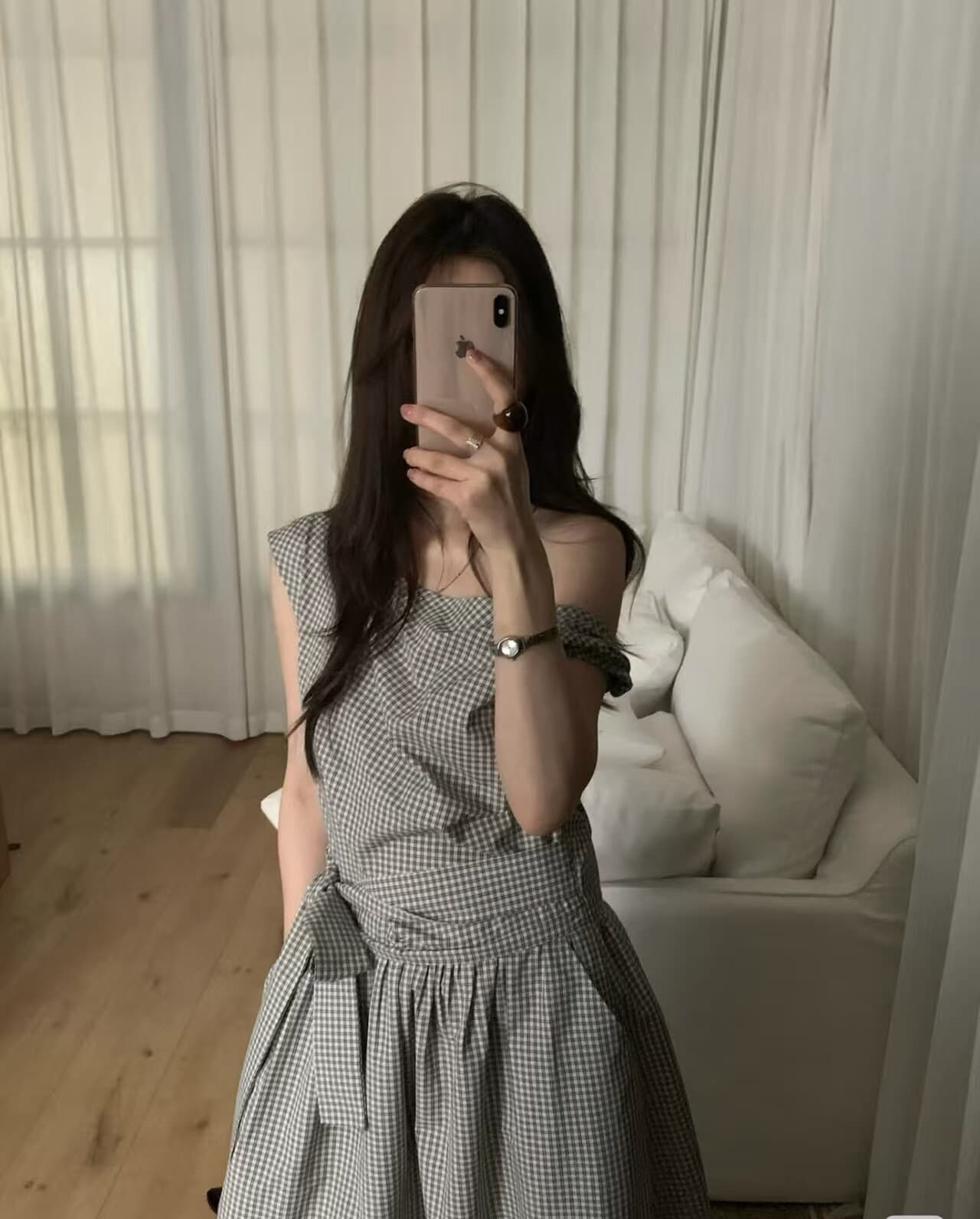 chic 한 부서 체크무늬 비대칭 매듭 비스듬한 어깨 민소매 드레스 상세 이미지 4