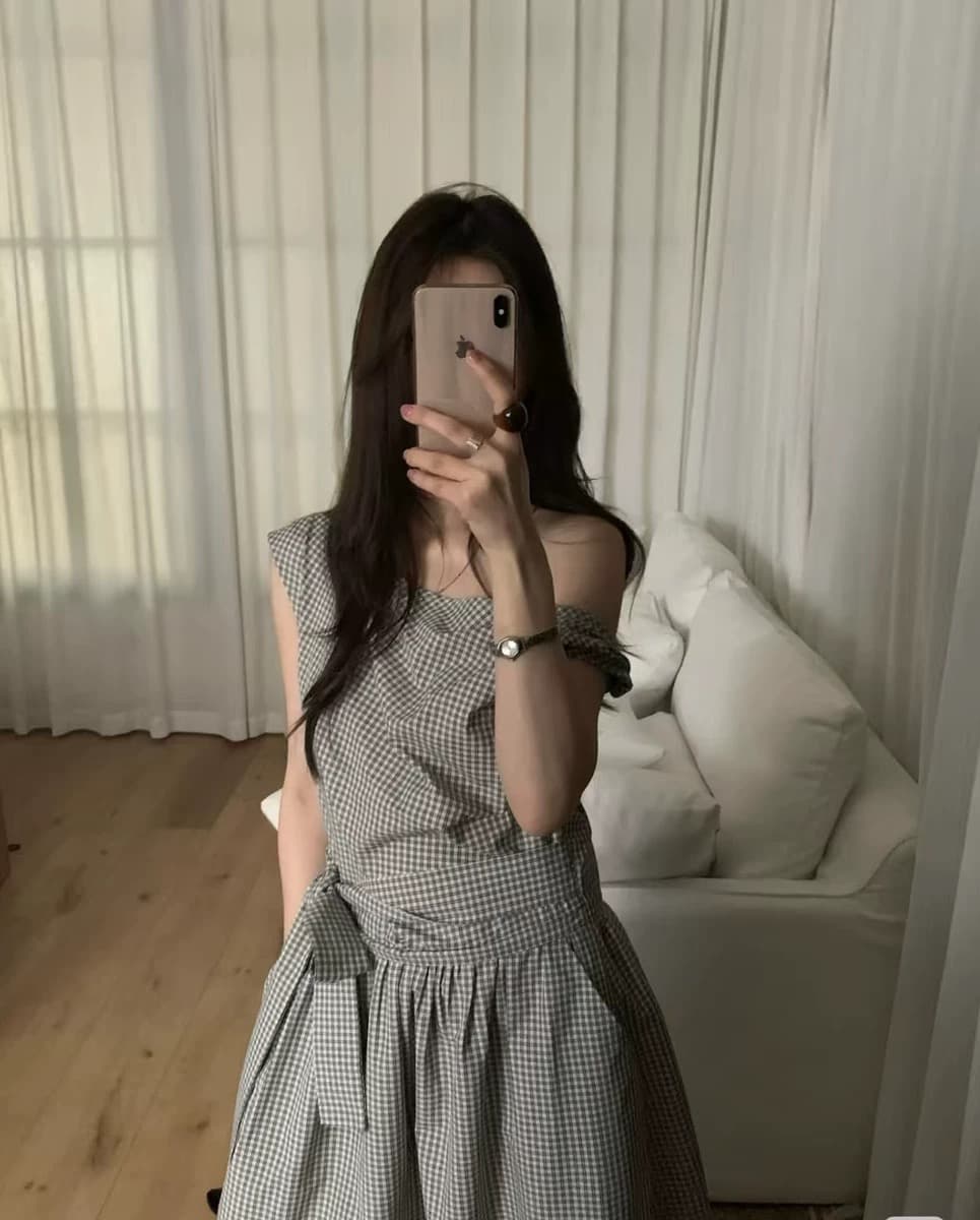chic 한 부서 체크무늬 비대칭 매듭 비스듬한 어깨 민소매 드레스 상세 이미지 7
