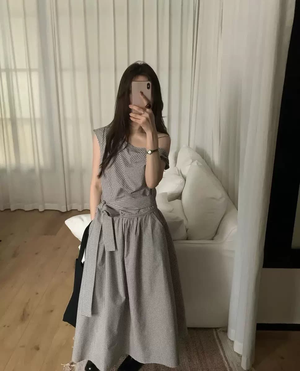 chic 한 부서 체크무늬 비대칭 매듭 비스듬한 어깨 민소매 드레스 상세 이미지 8