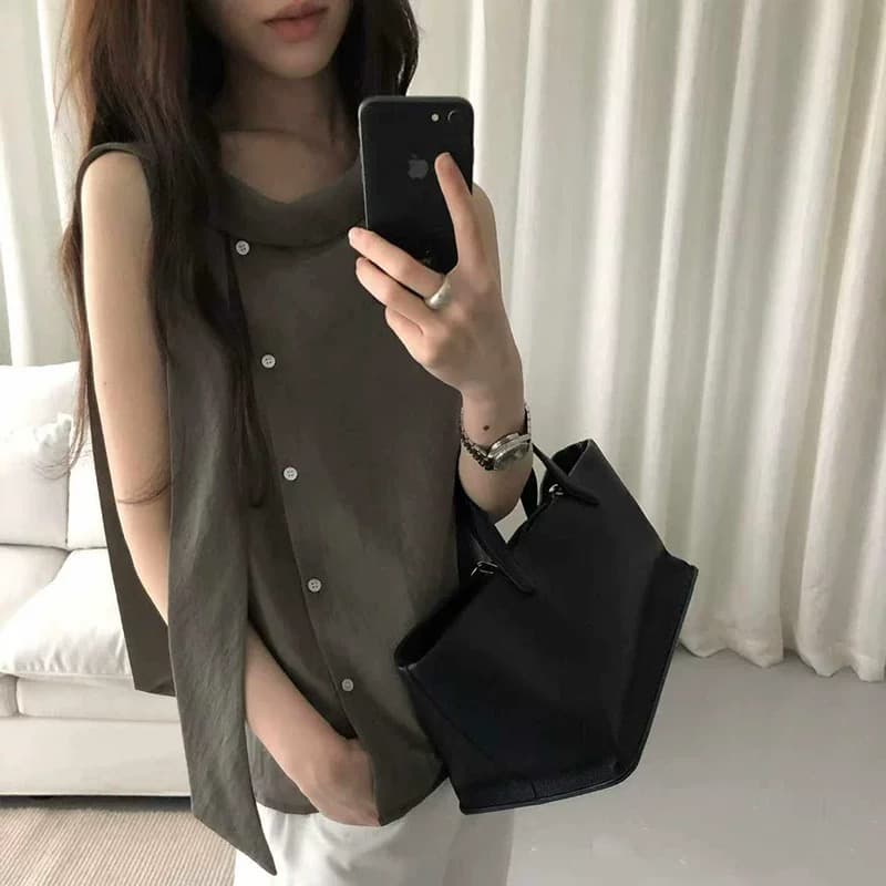 chic 우아함 Chic 아마 리본 칼라 비스듬한 문 襟 슬림해 보이는 불규칙 민소매 얇고 가벼운 맨위 상세 이미지 1