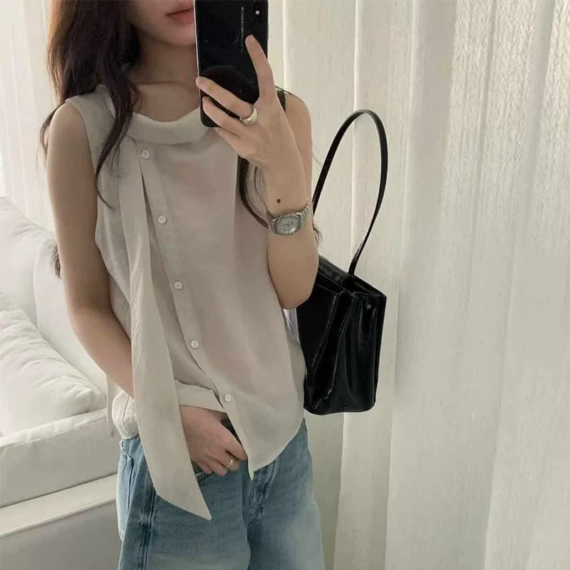 chic 우아함 Chic 아마 리본 칼라 비스듬한 문 襟 슬림해 보이는 불규칙 민소매 얇고 가벼운 맨위 상세 이미지 3