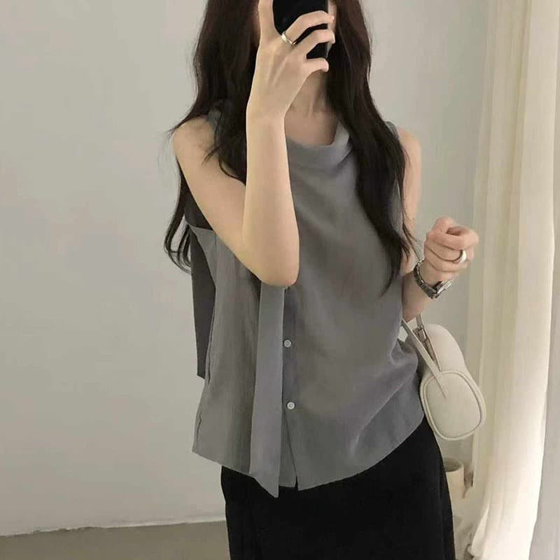 chic 우아함 Chic 아마 리본 칼라 비스듬한 문 襟 슬림해 보이는 불규칙 민소매 얇고 가벼운 맨위 상세 이미지 8