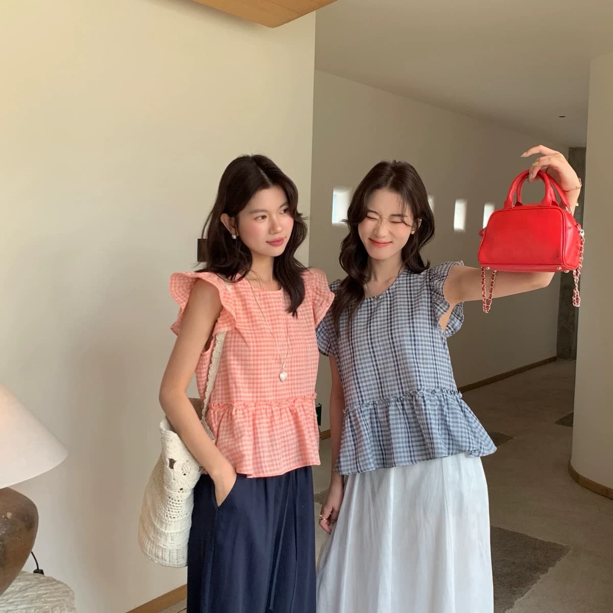 chic 여름 연령 감소 부드러운 다용도 체크무늬 작은 셔츠