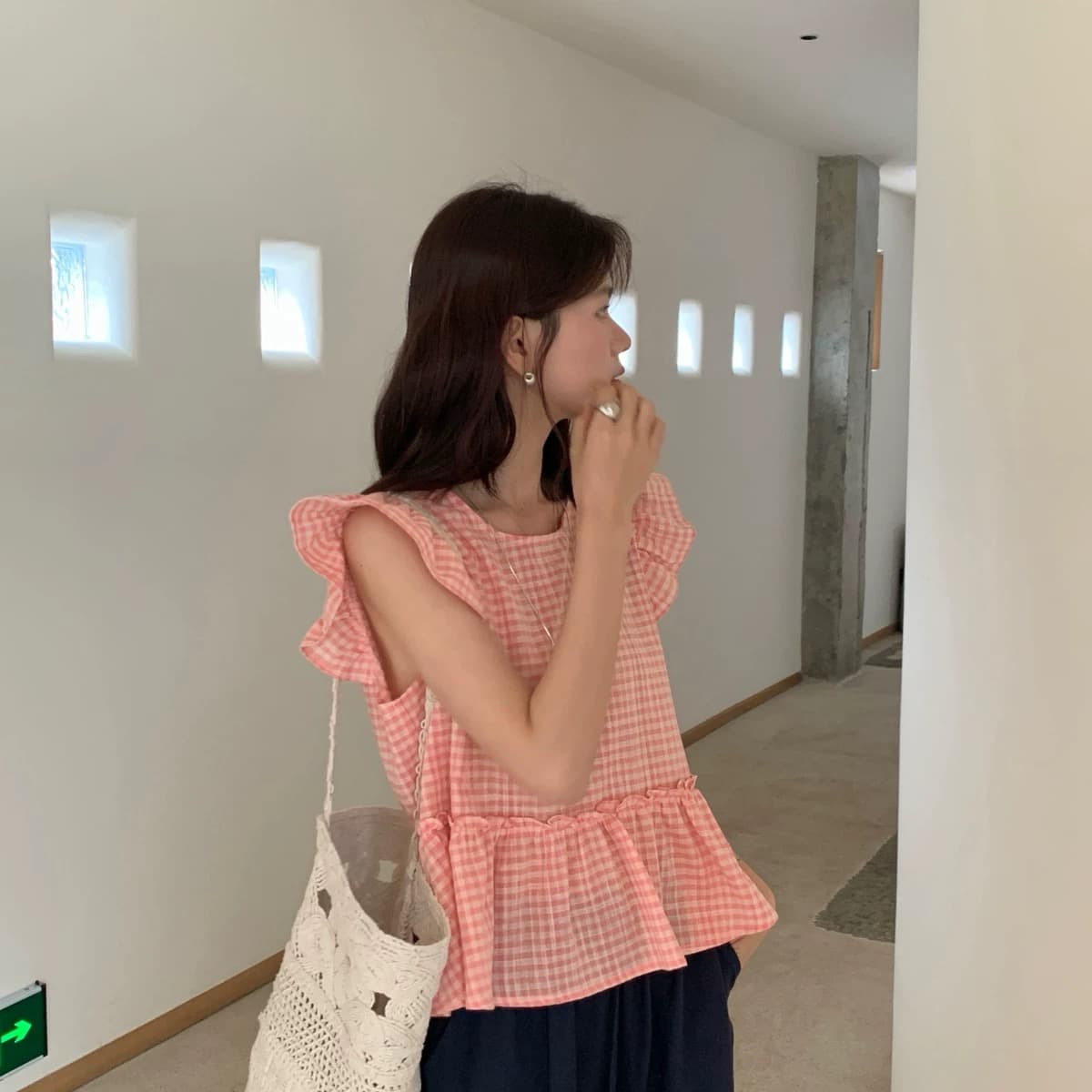 chic 여름 연령 감소 부드러운 다용도 체크무늬 작은 셔츠 상세 이미지 3