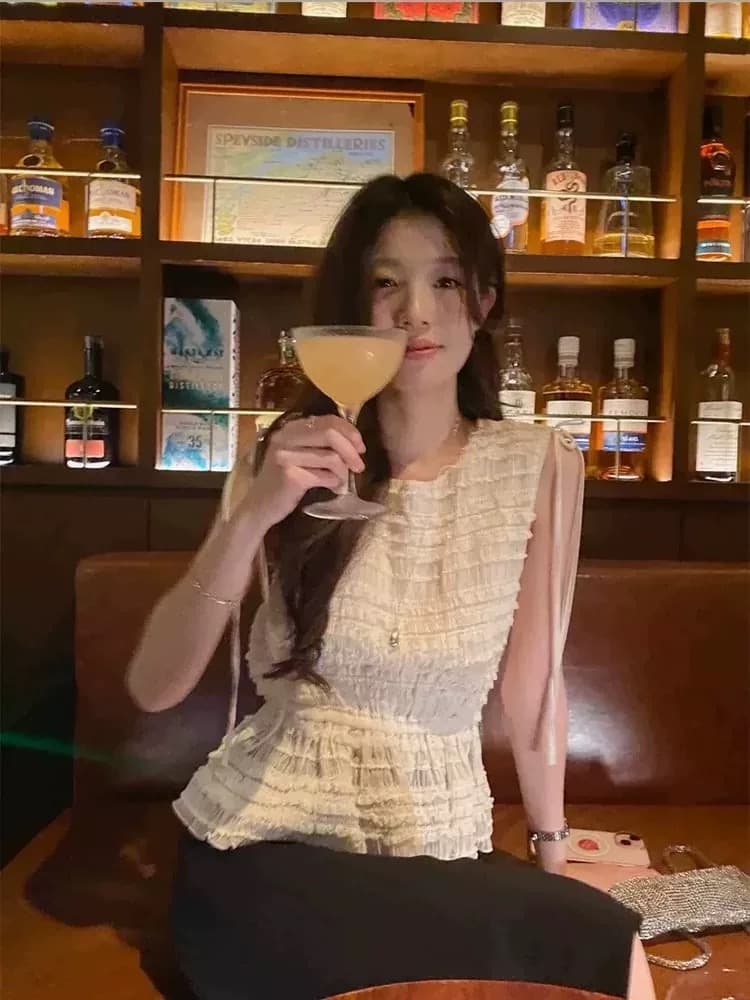chic 2026 여름 프랑스식 품격 주름 레이스업 허리 수축 민소매 조끼 상세 이미지 1