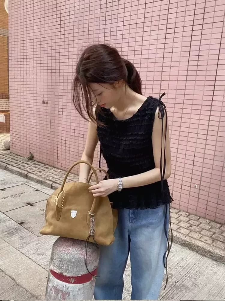 chic 2026 여름 프랑스식 품격 주름 레이스업 허리 수축 민소매 조끼 상세 이미지 6