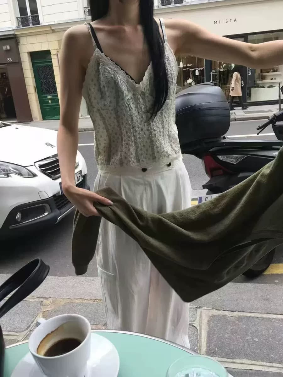 chic 2026 여름 달콤함 레이스 레이스 V넥 꽃무늬 캐미솔 상세 이미지 6