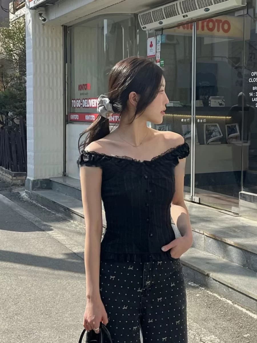 재고 있음 한국 스타일 여름 프랑스식 레이스 조각 세로 줄무늬 허리 수축 슬림해 보이는 민소매 조끼 맨위 상세 이미지 8