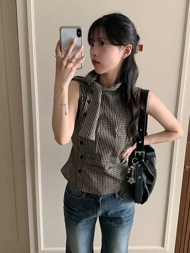 재고 있음 chic 한국 스타일 불규칙 레이스업 체크무늬 조끼 이미지 4