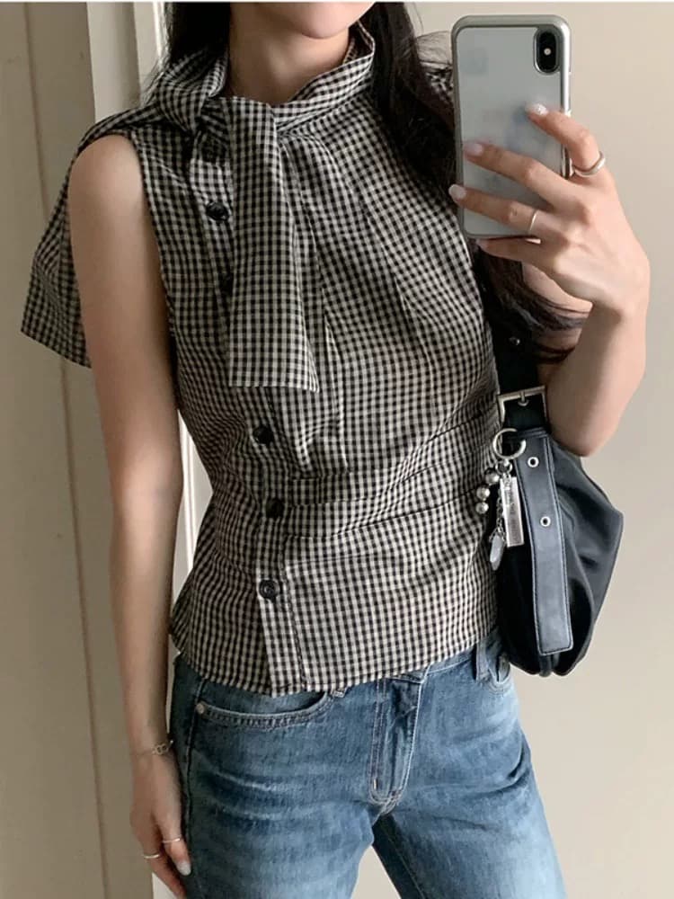 재고 있음 chic 한국 스타일 불규칙 레이스업 체크무늬 조끼 상세 이미지 2