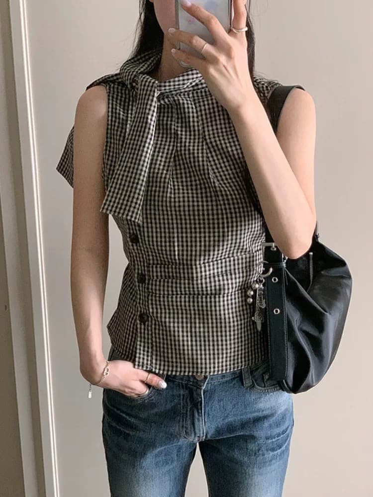 재고 있음 chic 한국 스타일 불규칙 레이스업 체크무늬 조끼 상세 이미지 3